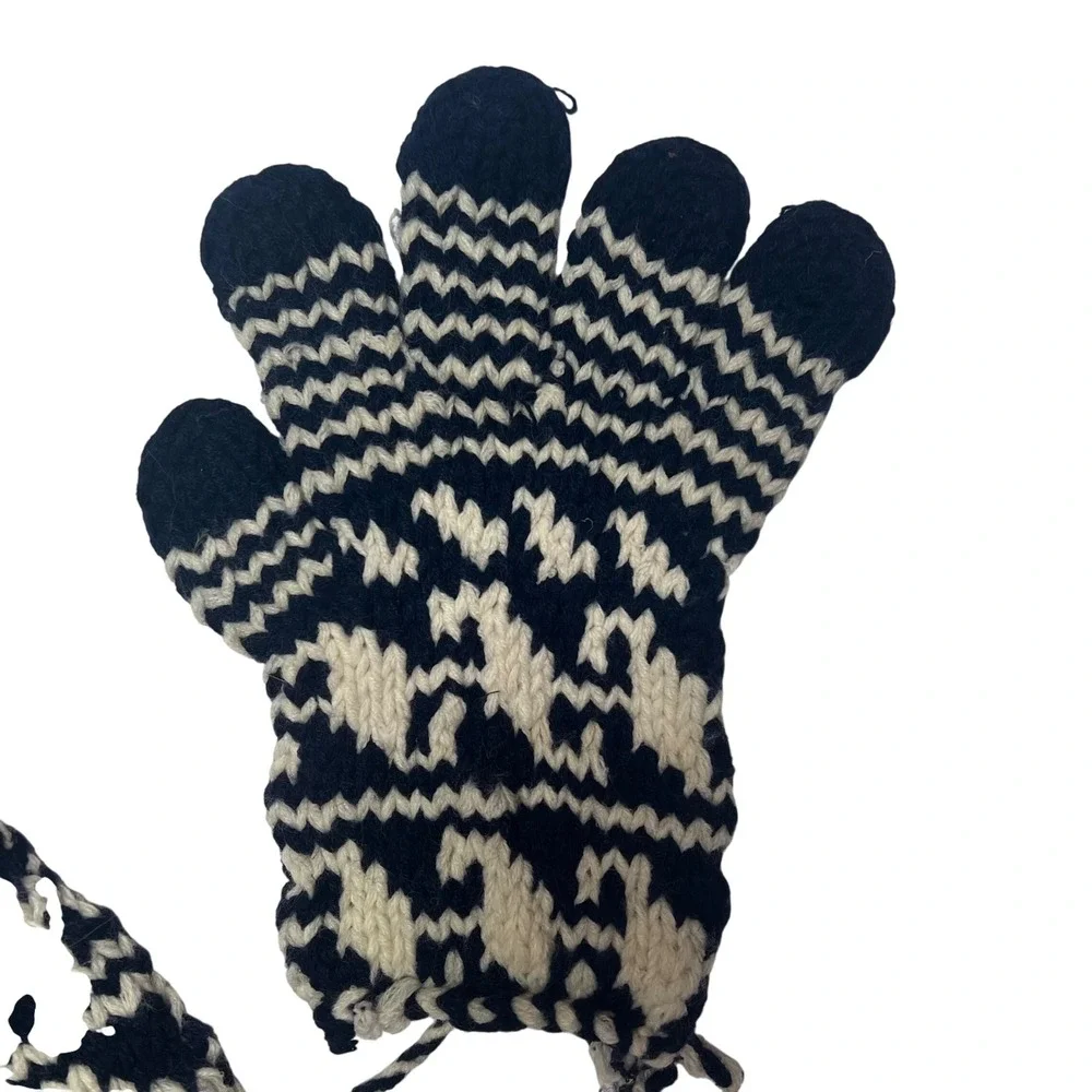 Hand Knit Nordic Style Houndstooth Gloves Navy Cream Winter Warm Cozy‎